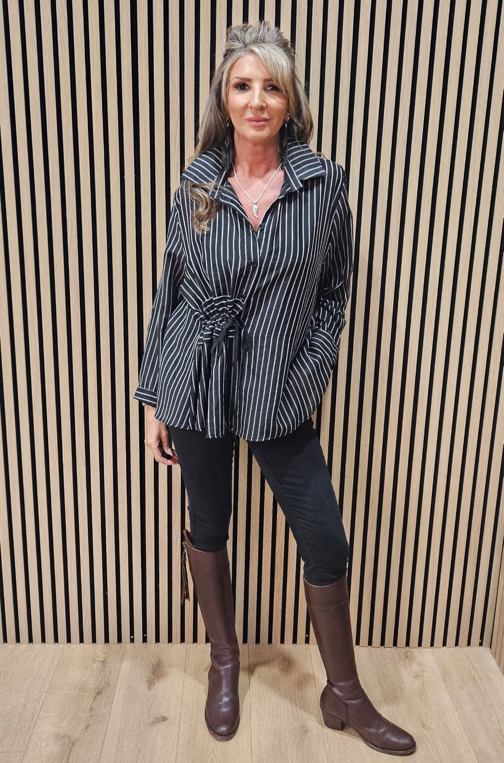 Premium Pinstripe Ruched-Waist Blouse – Black