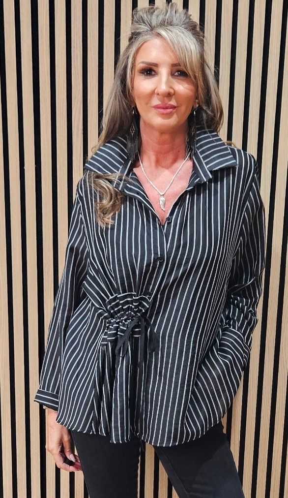 Premium Pinstripe Ruched-Waist Blouse – Black