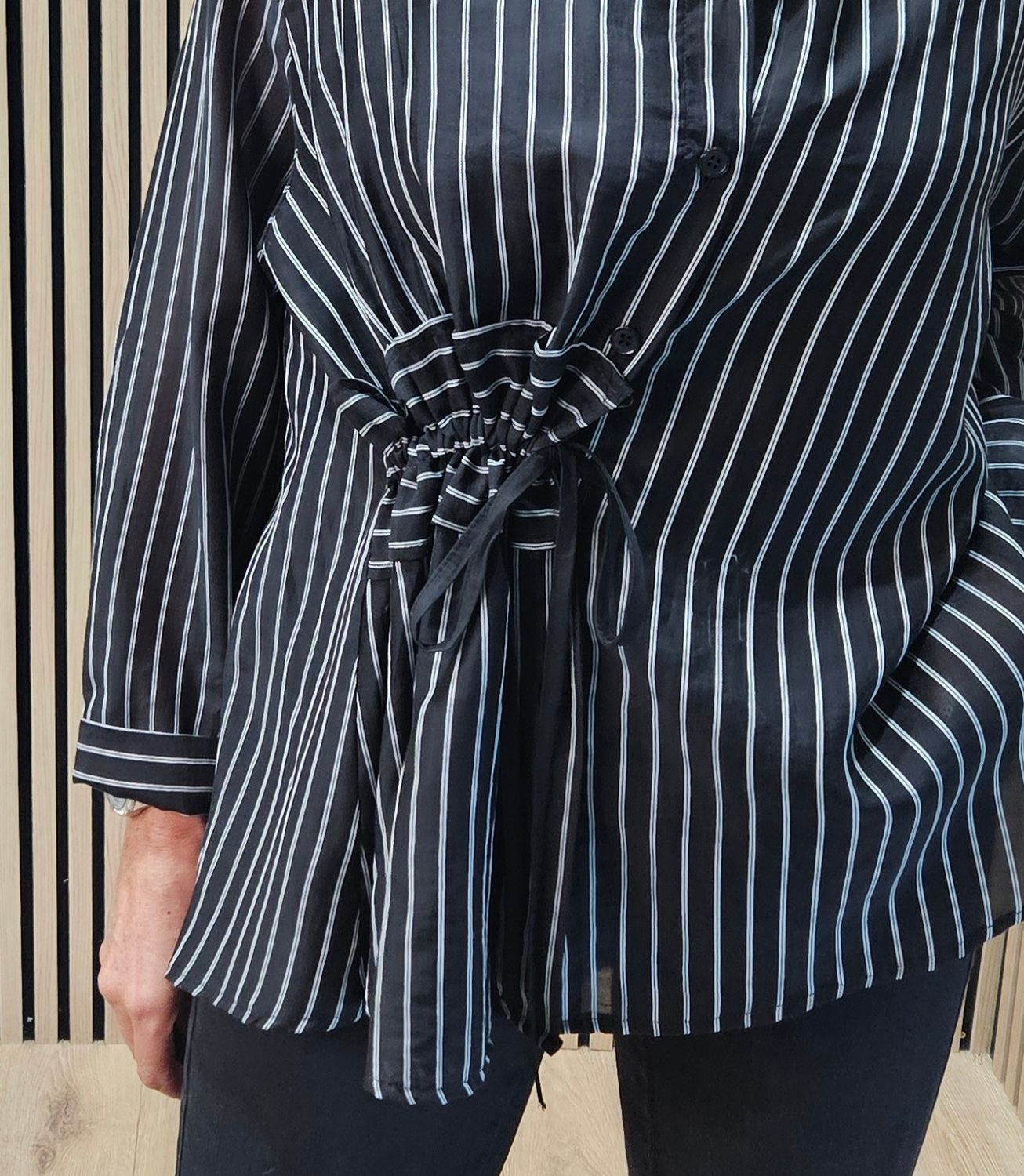 Premium Pinstripe Ruched-Waist Blouse – Black