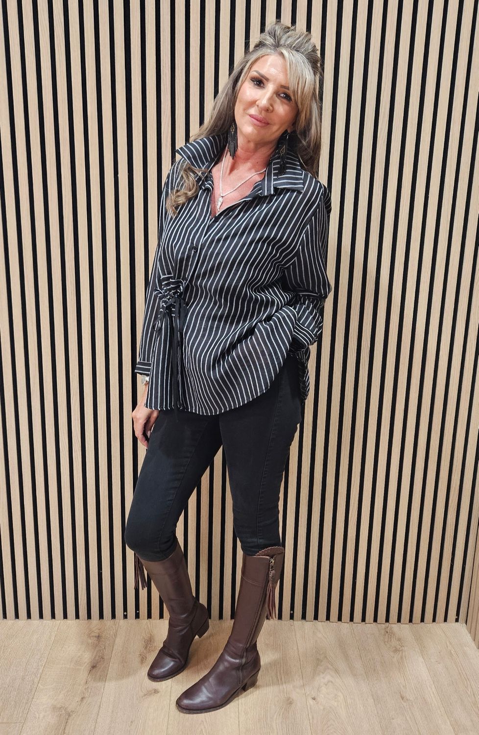 Premium Pinstripe Ruched-Waist Blouse – Black