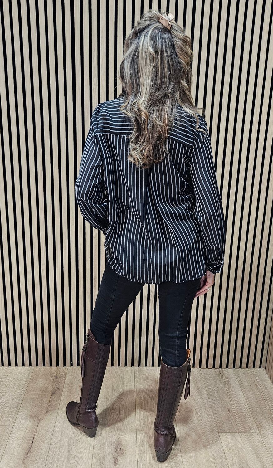 Premium Pinstripe Ruched-Waist Blouse – Black