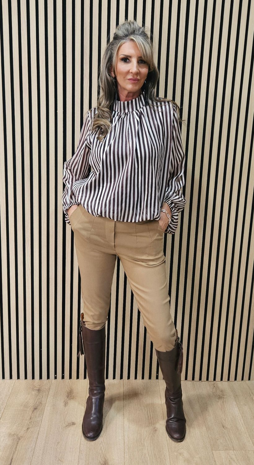 Striped High-Neck Bubble-Hem Top