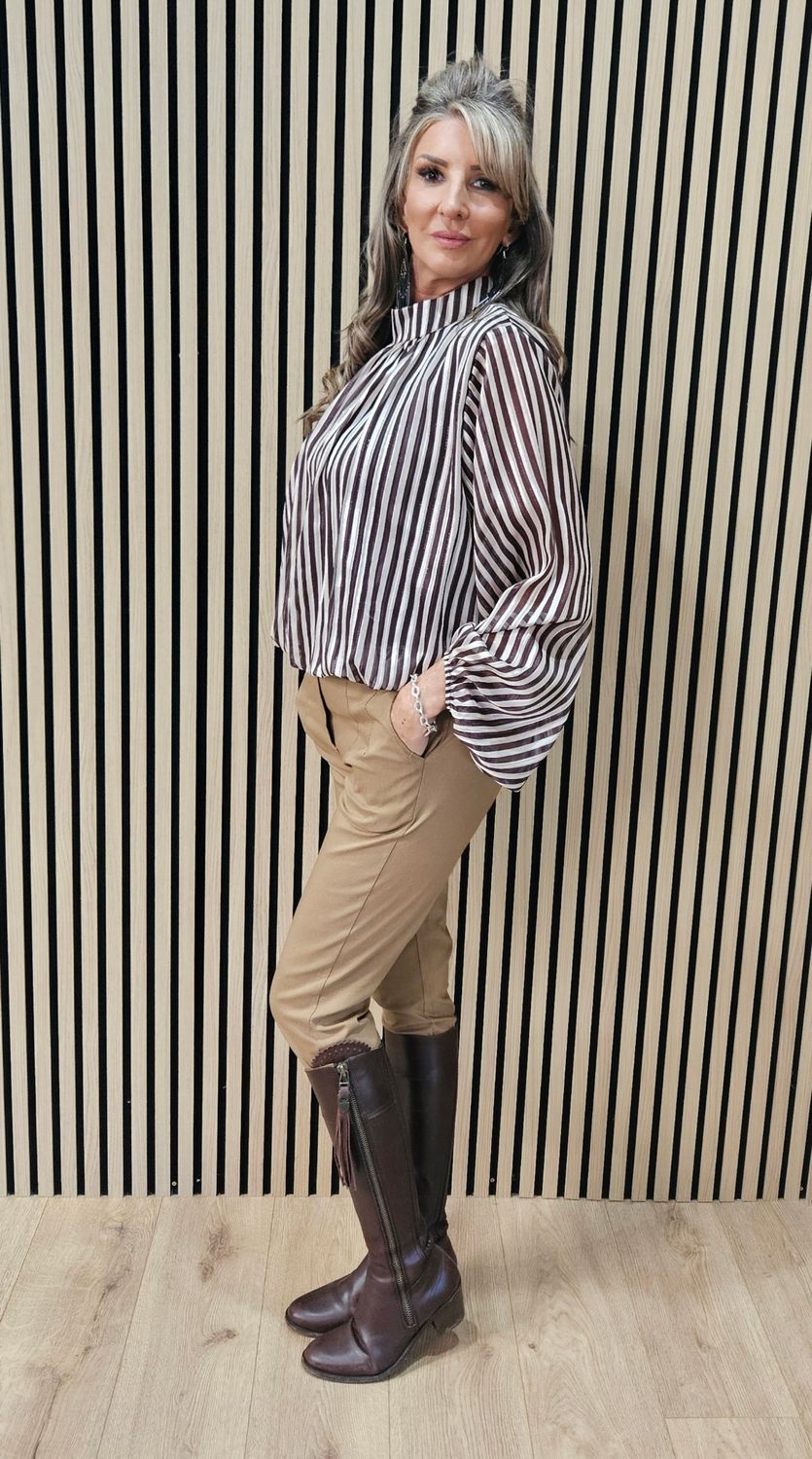 Striped High-Neck Bubble-Hem Top