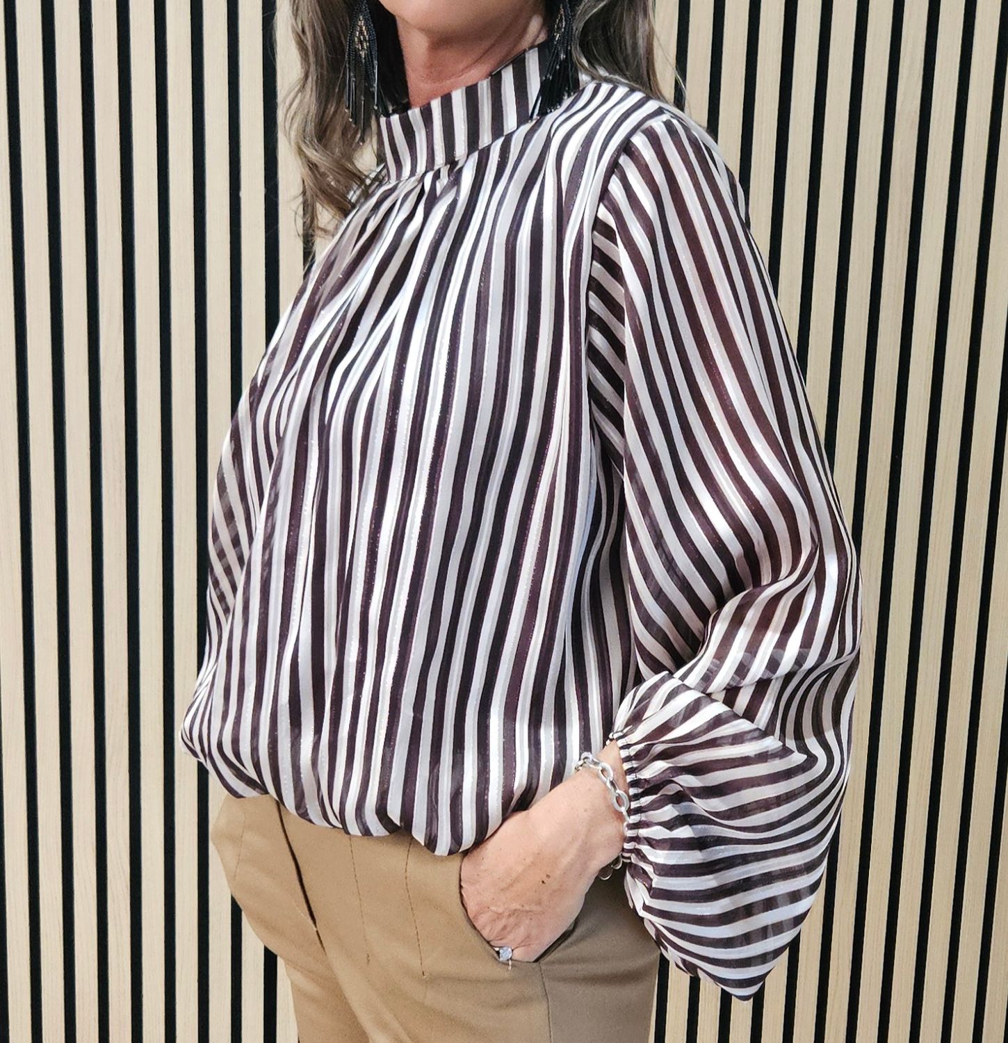 Striped High-Neck Bubble-Hem Top