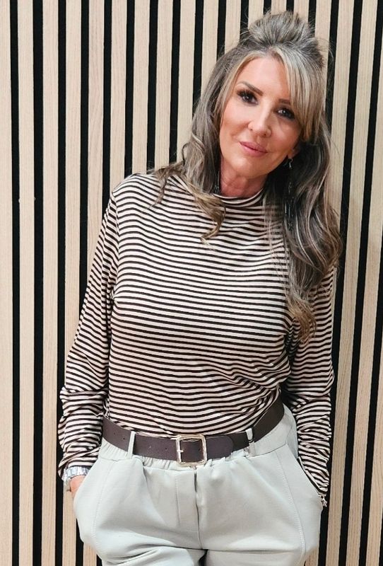 Striped High-Neck Stretch Top – Chocolate/Beige