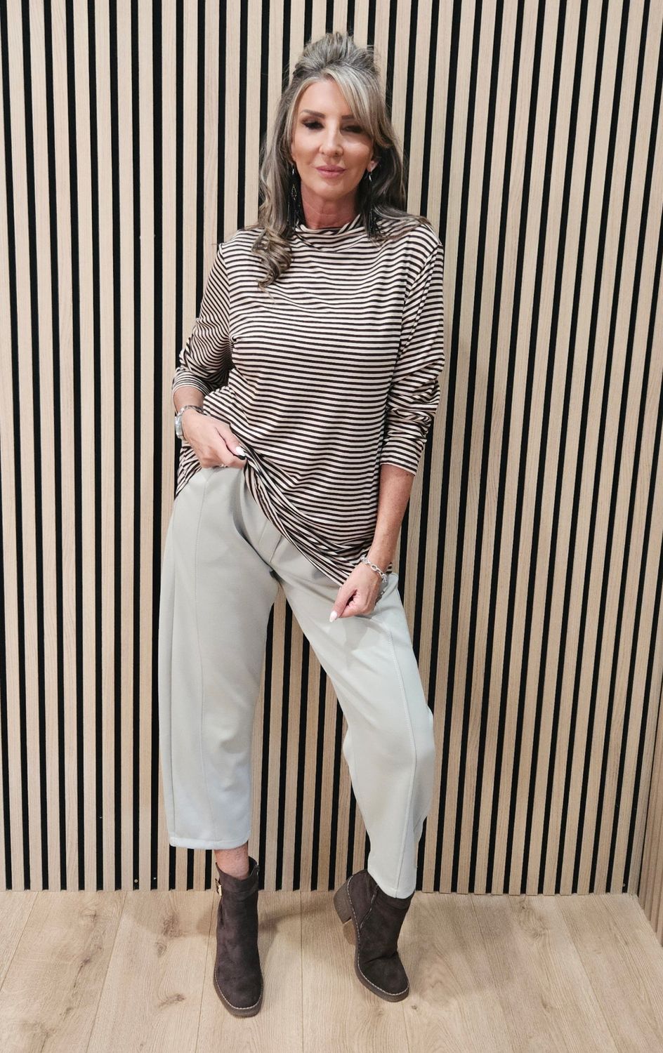 Striped High-Neck Stretch Top – Chocolate/Beige