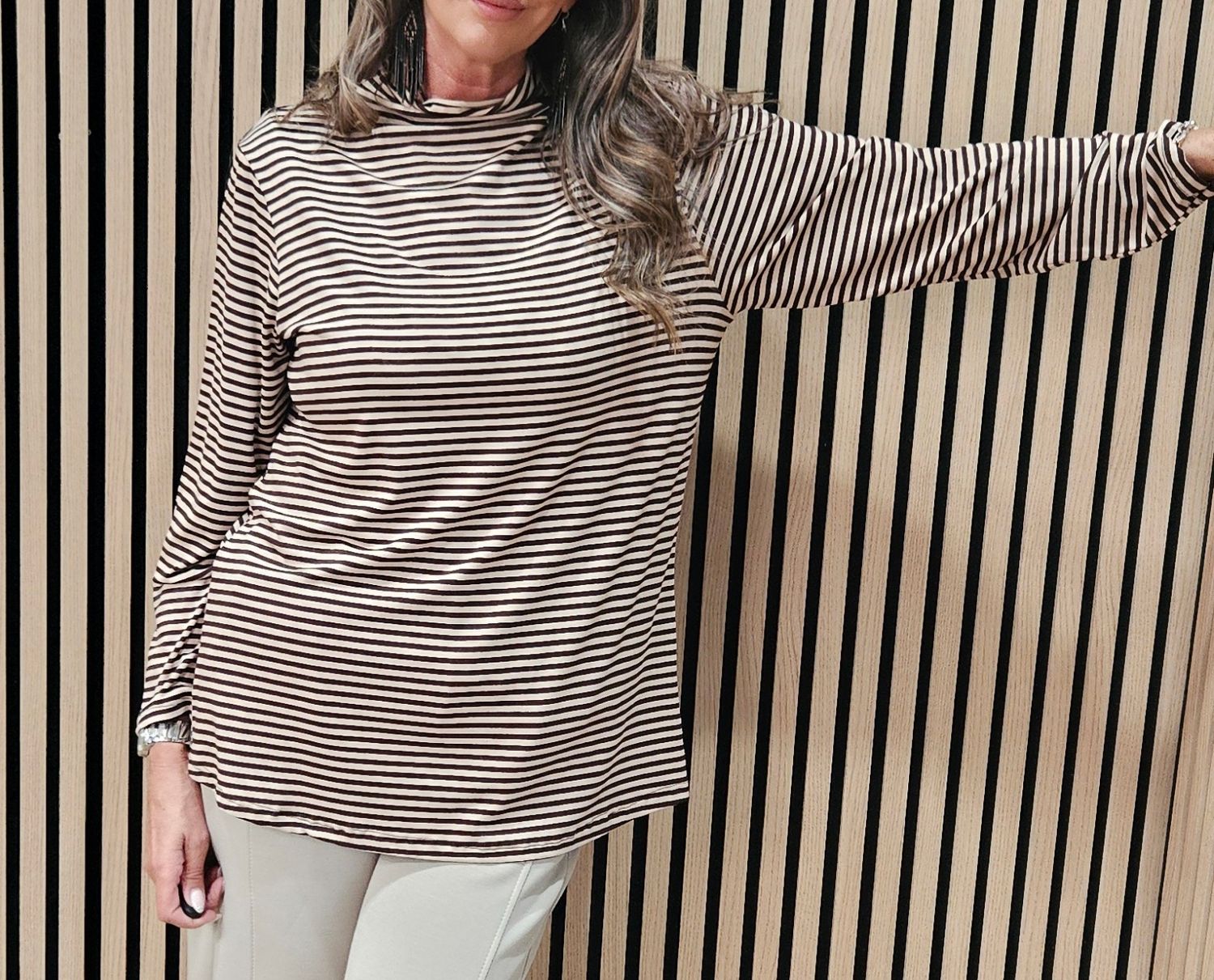 Striped High-Neck Stretch Top – Chocolate/Beige