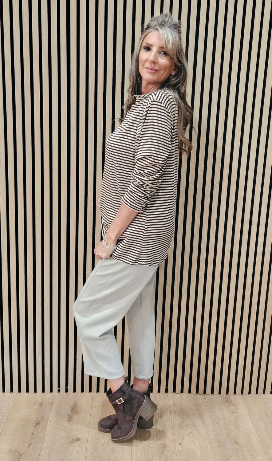 Striped High-Neck Stretch Top – Chocolate/Beige