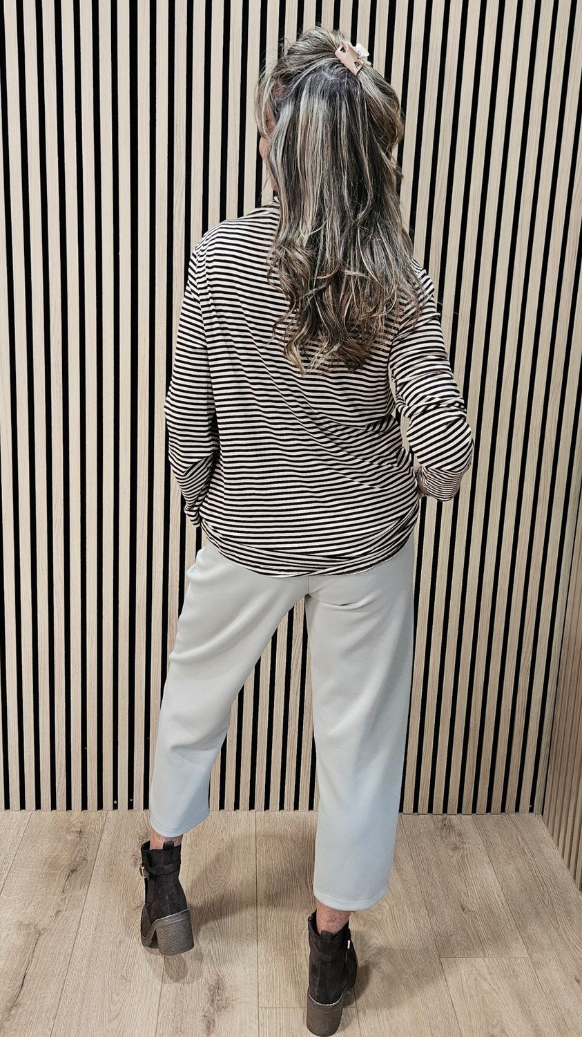 Striped High-Neck Stretch Top – Chocolate/Beige