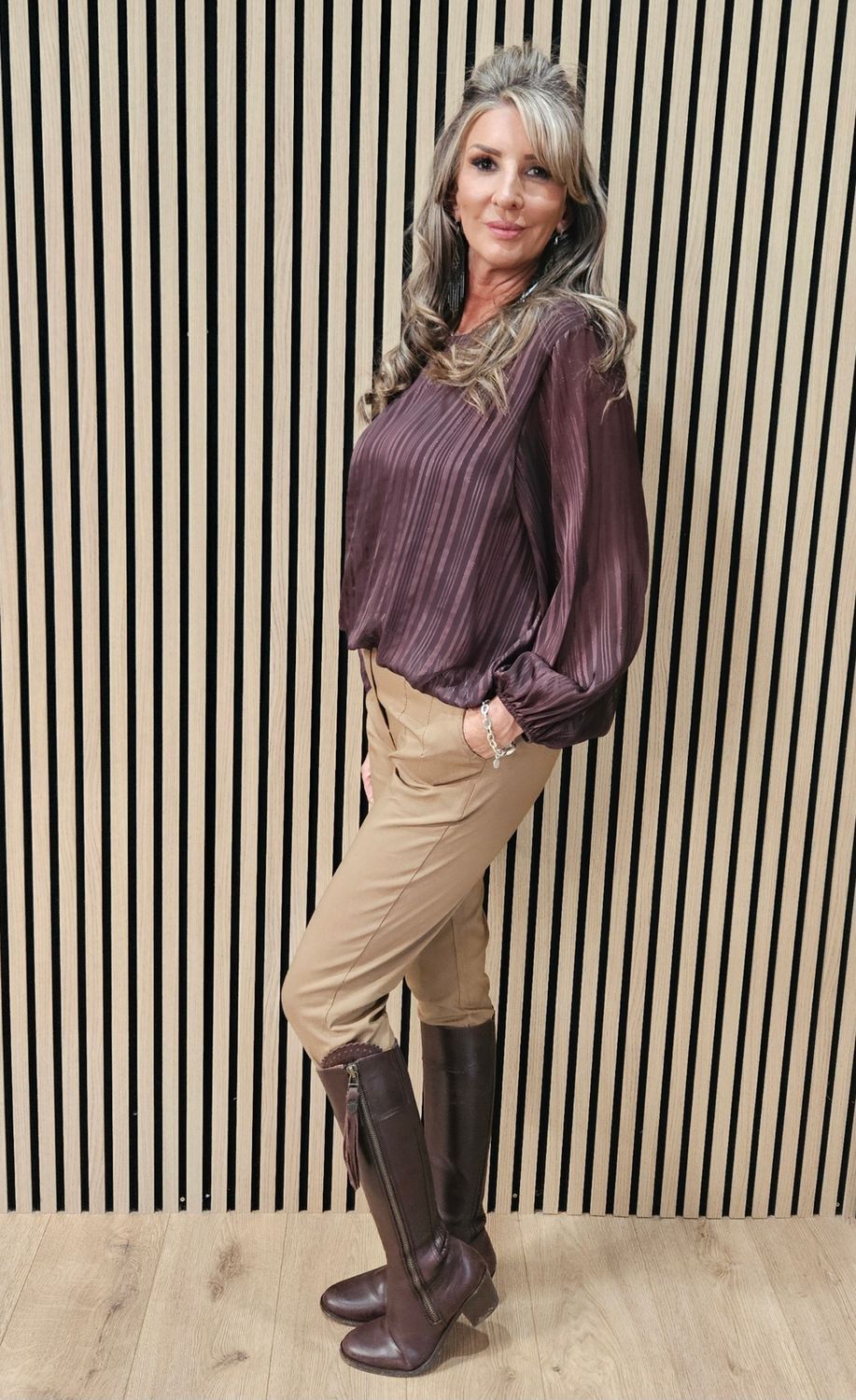 Chocolate Textured Balloon-Sleeve Top