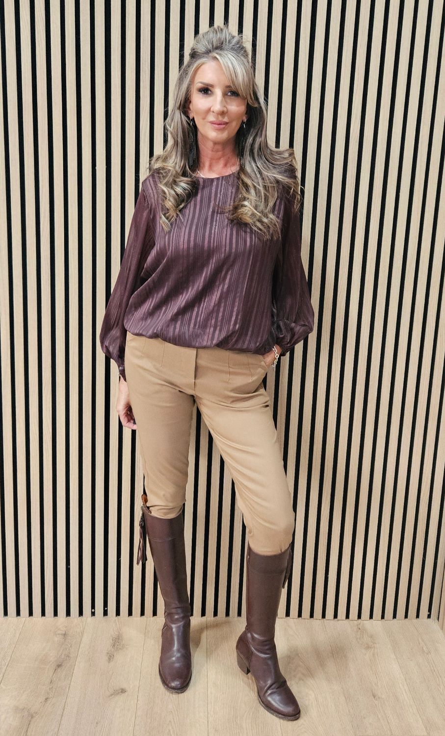 Chocolate Textured Balloon-Sleeve Top