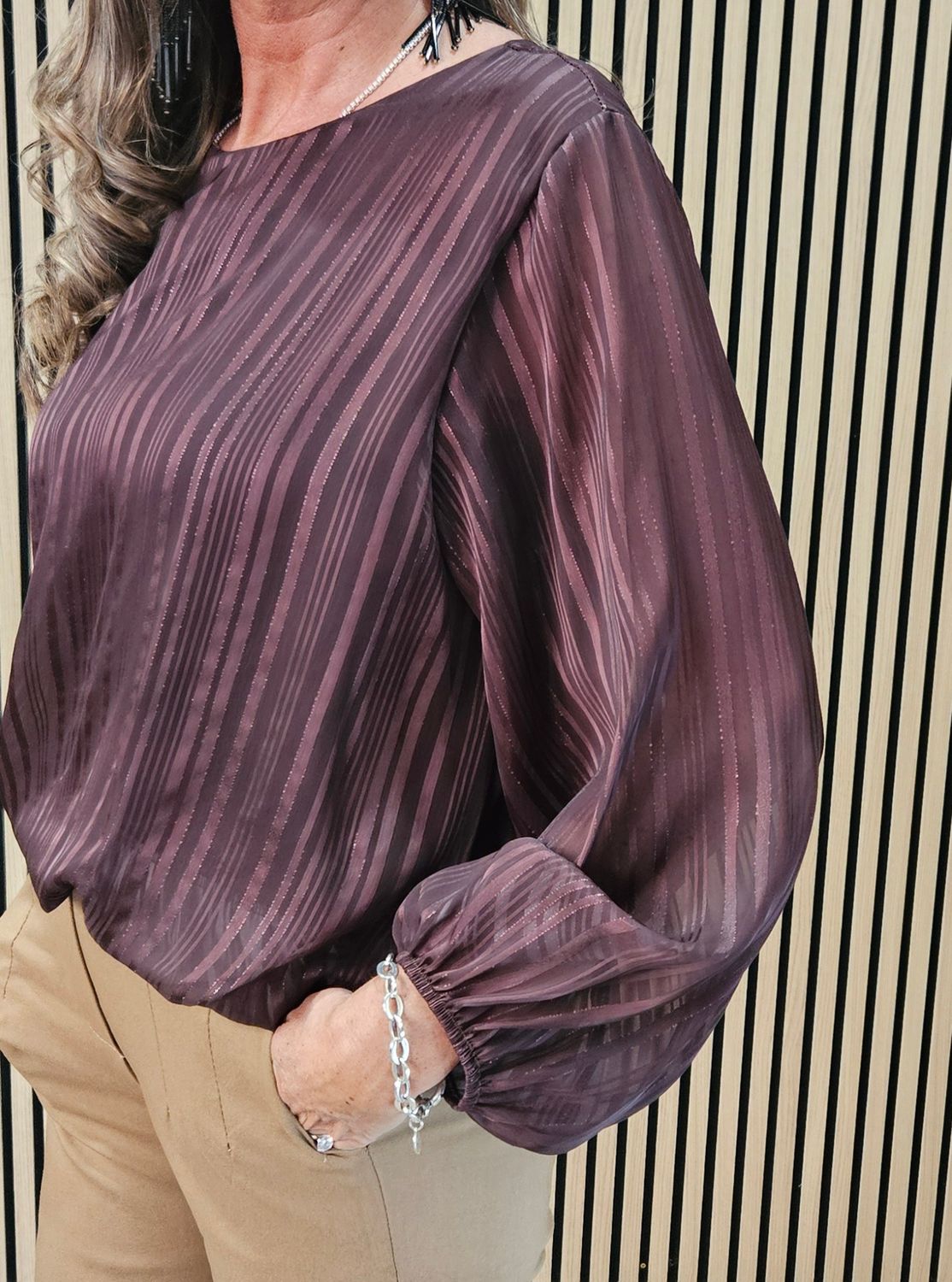 Chocolate Textured Balloon-Sleeve Top
