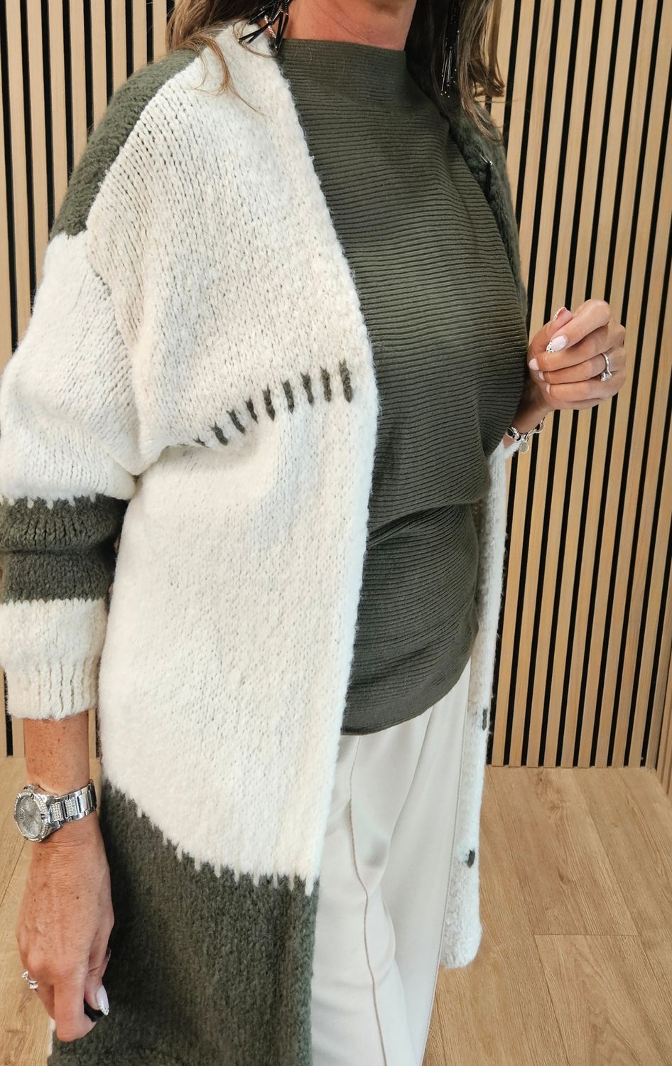 Colour Block Longline Cardigan – Khaki