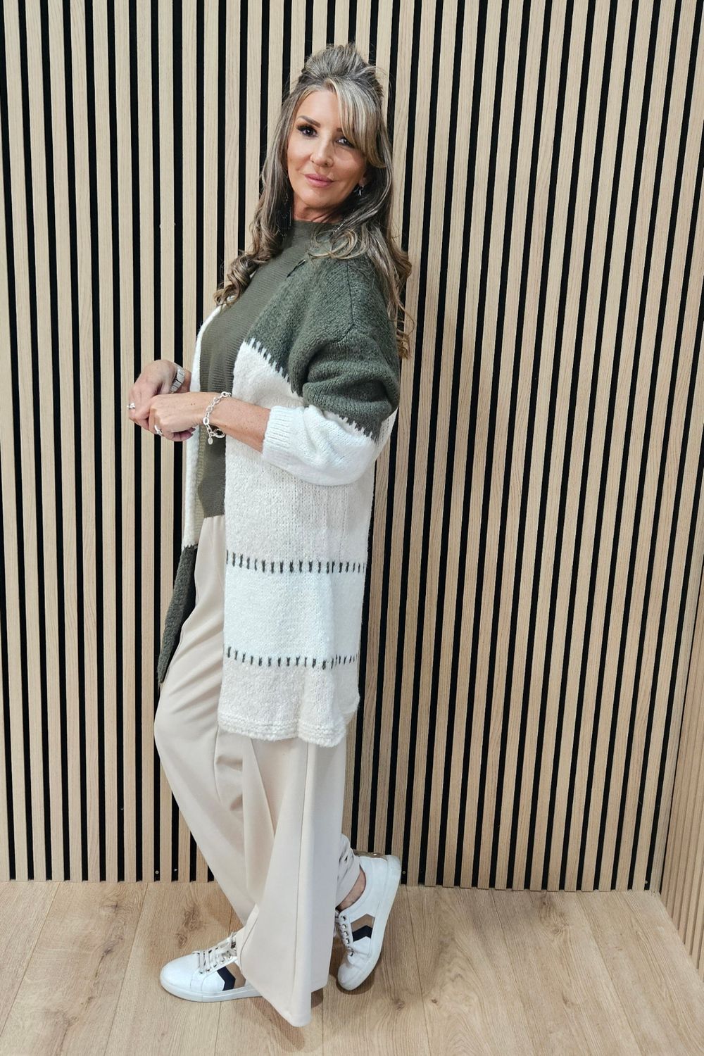 Colour Block Longline Cardigan – Khaki