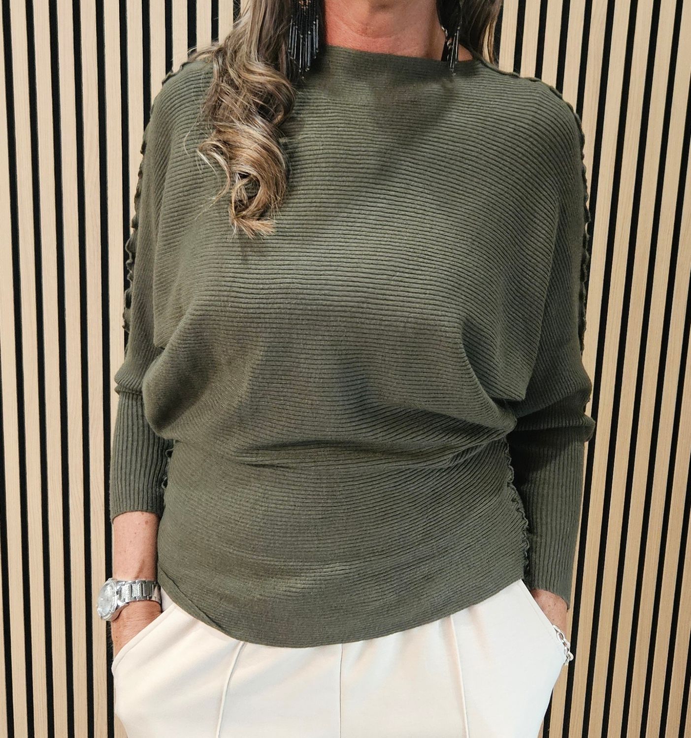 Ribbed Batwing Jumper – Khaki