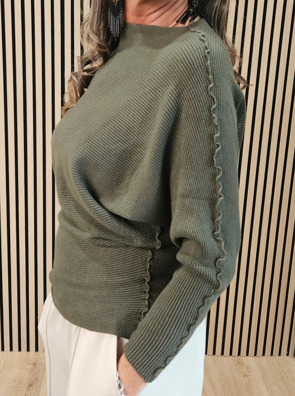 Ribbed Batwing Jumper – Khaki