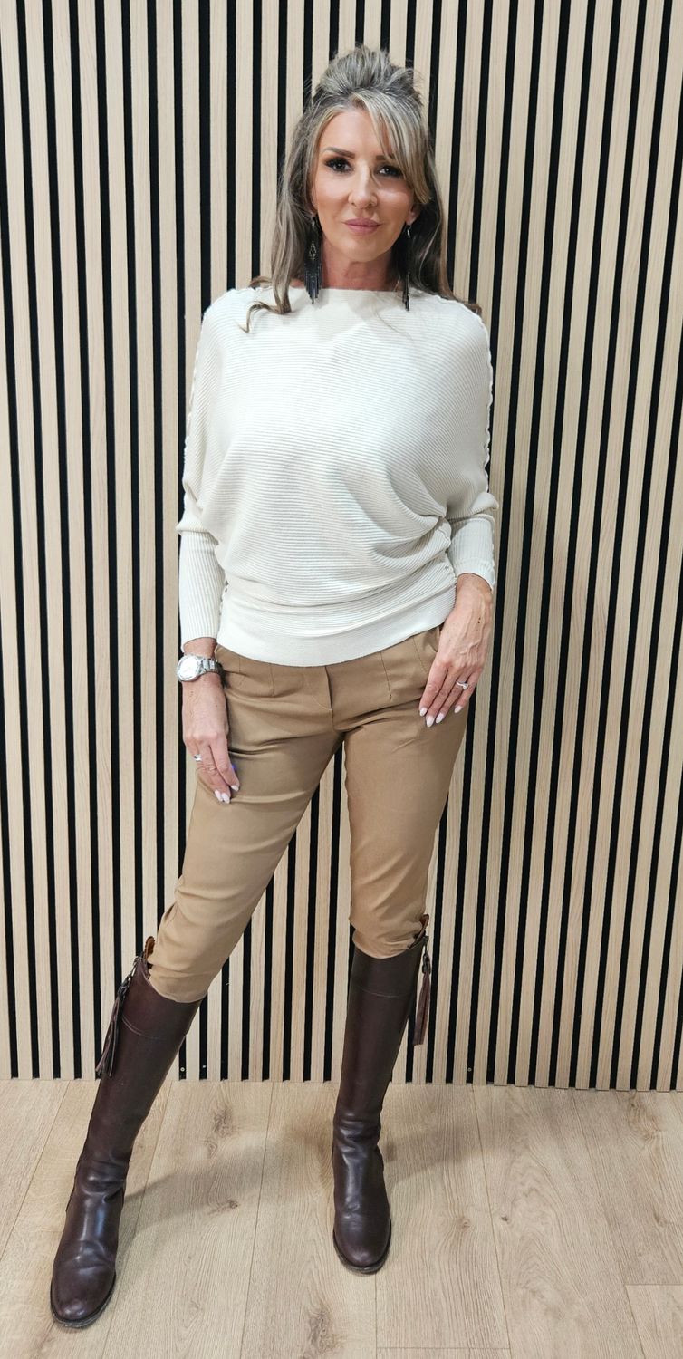 Ribbed Batwing Jumper – Stone