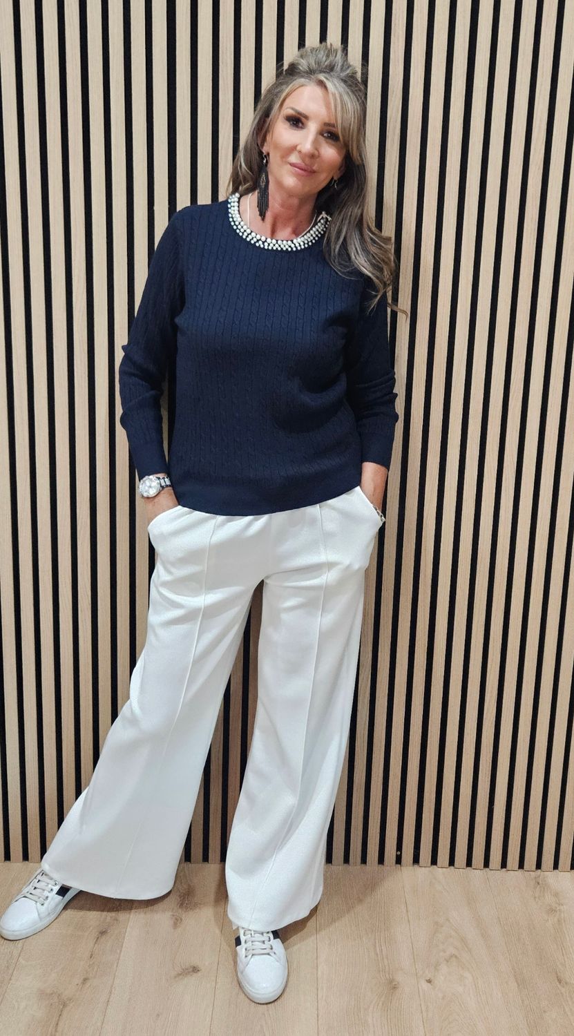 Pearl-Neck Cable-Knit Jumper – Navy