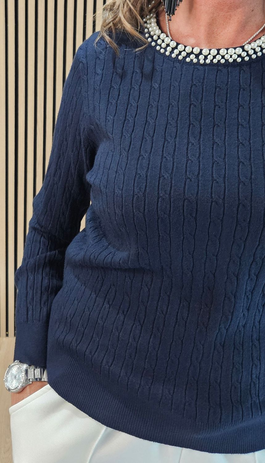 Pearl-Neck Cable-Knit Jumper – Navy