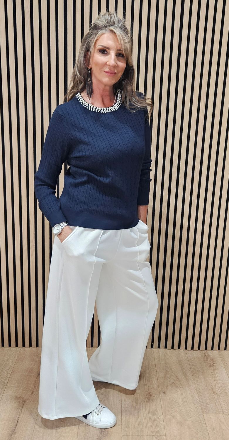 Pearl-Neck Cable-Knit Jumper – Navy