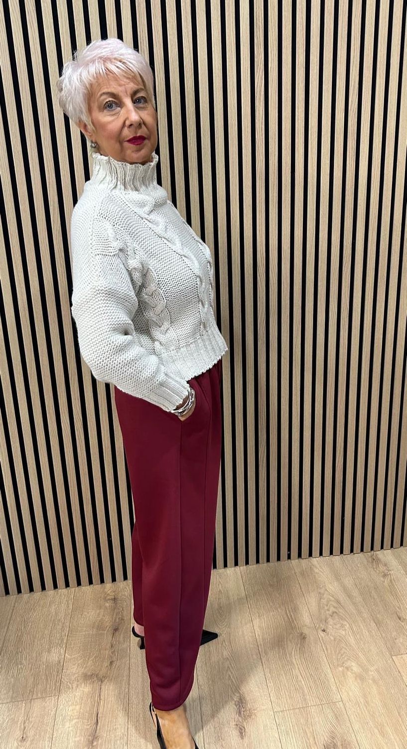 Pleated Front Stretch Trousers - Burgundy