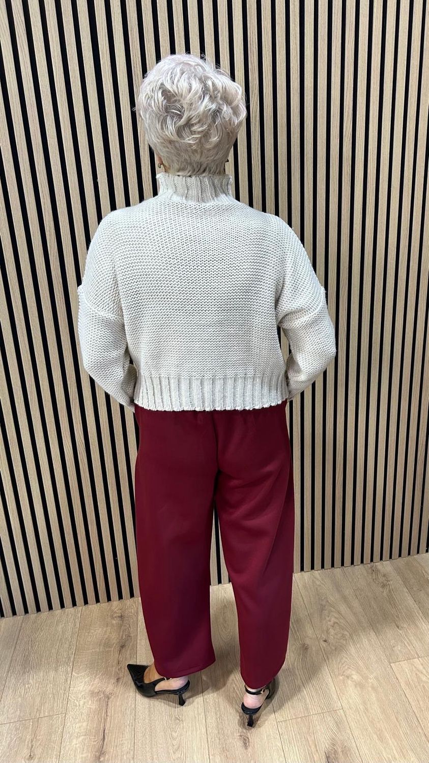 Pleated Front Stretch Trousers - Burgundy