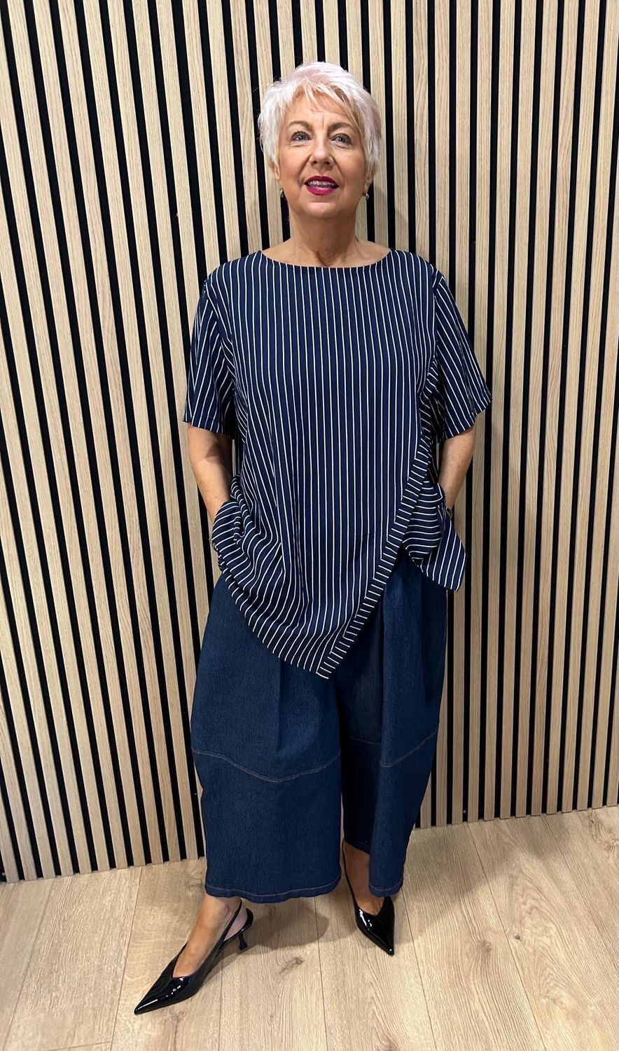 Stripe Panel Relaxed Fit Top - Navy/White