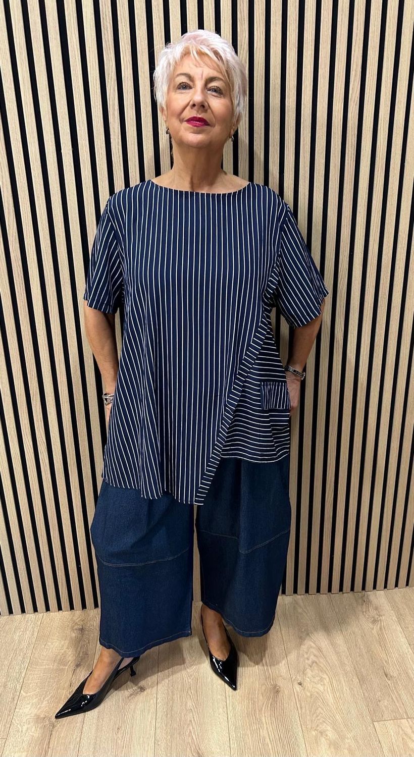 Stripe Panel Relaxed Fit Top - Navy/White