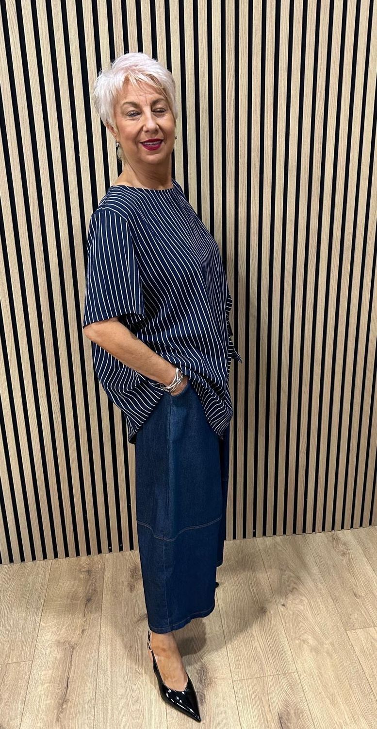 Stripe Panel Relaxed Fit Top - Navy/White