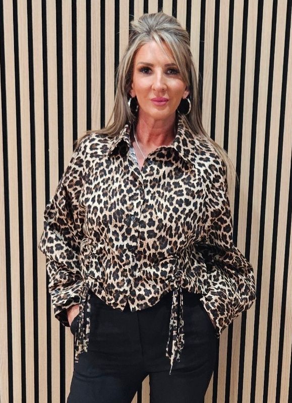 Leopard Print Tie Detail Shirt - Black/Beige