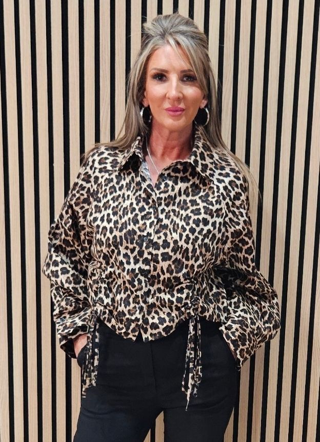 Leopard Print Tie Detail Shirt - Black/Beige