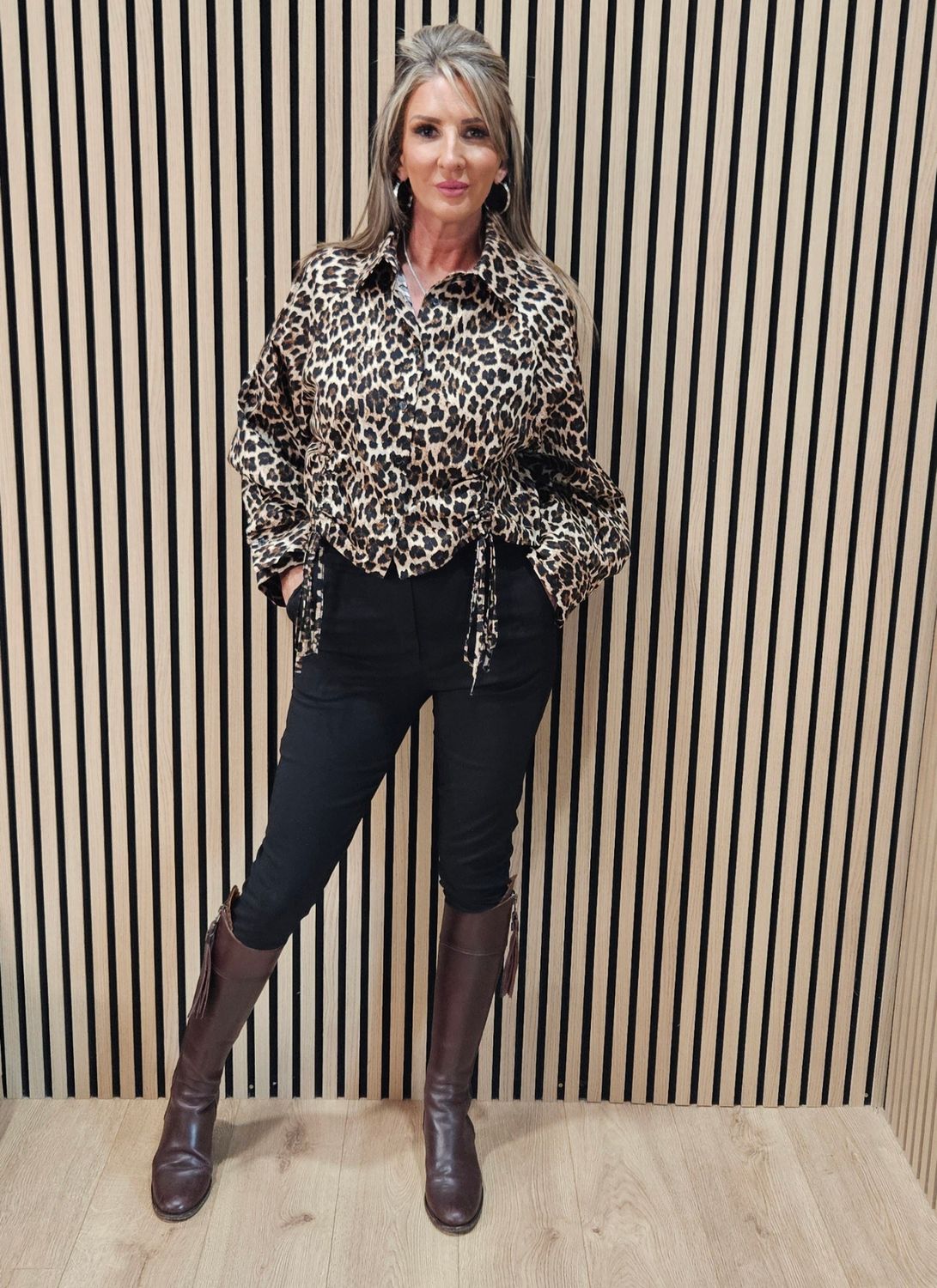 Leopard Print Tie Detail Shirt - Black/Beige