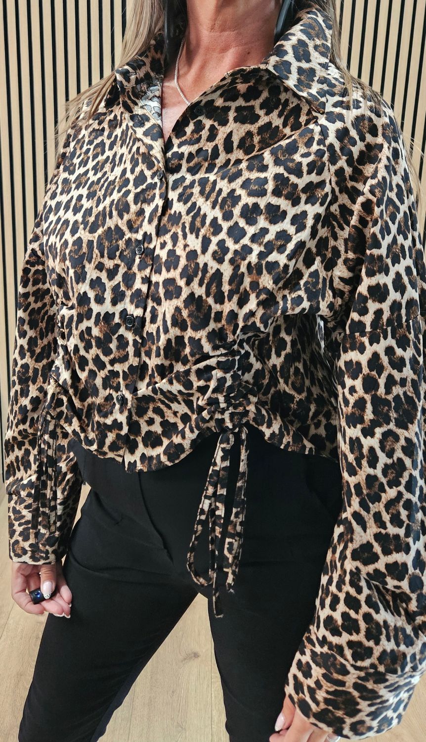 Leopard Print Tie Detail Shirt - Black/Beige