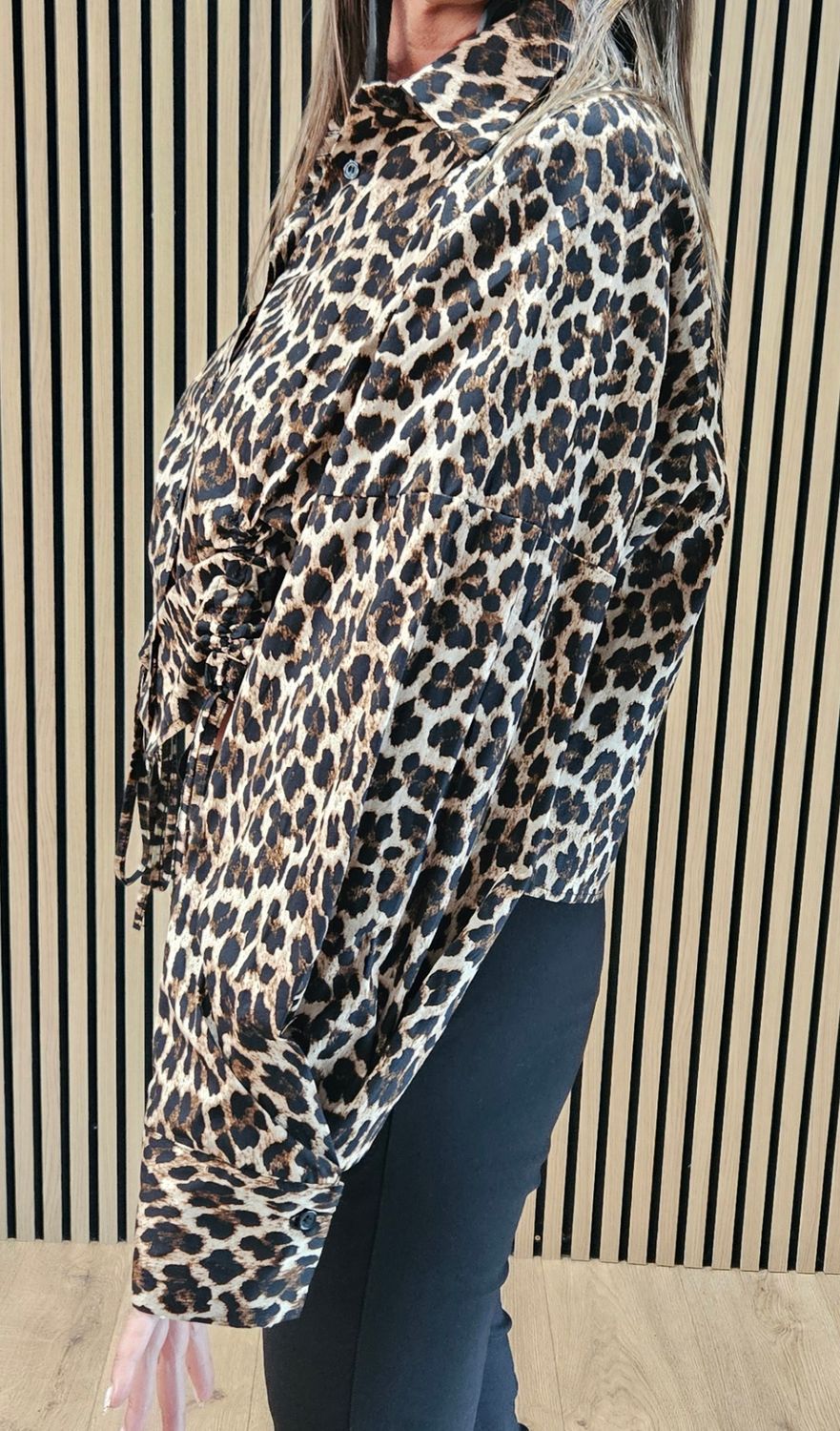Leopard Print Tie Detail Shirt - Black/Beige
