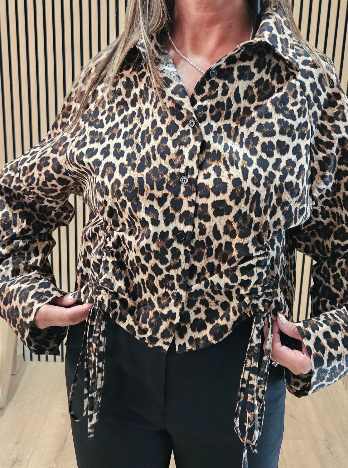 Leopard Print Tie Detail Shirt - Black/Beige