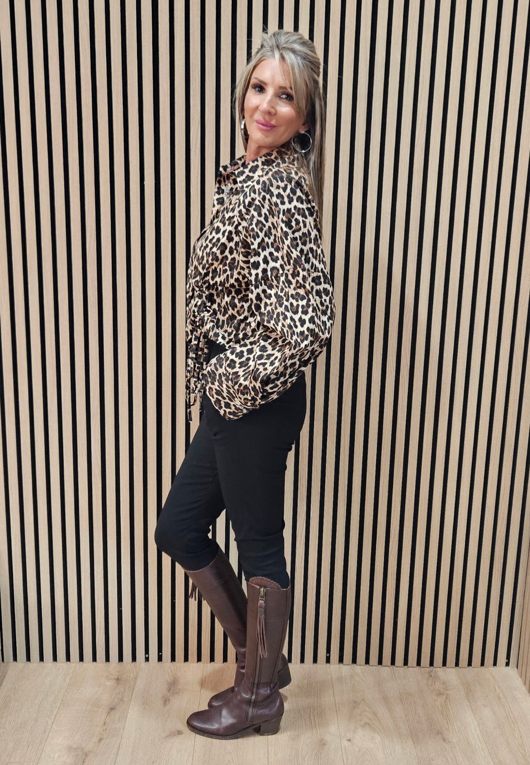 Leopard Print Tie Detail Shirt - Black/Beige