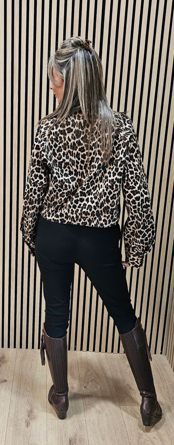 Leopard Print Tie Detail Shirt - Black/Beige