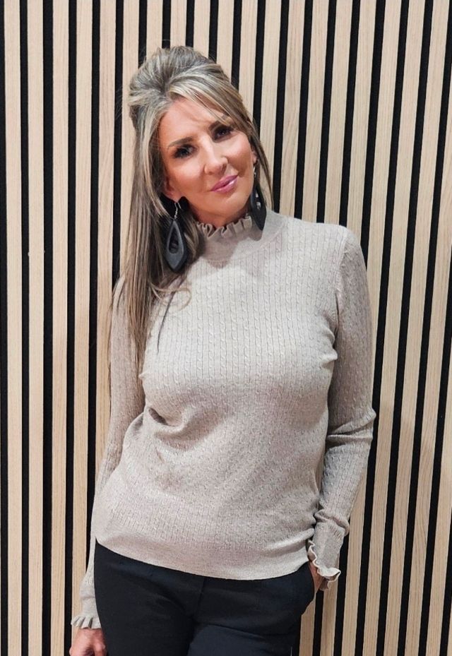Frill Neck Ribbed Jumper - Oatmeal