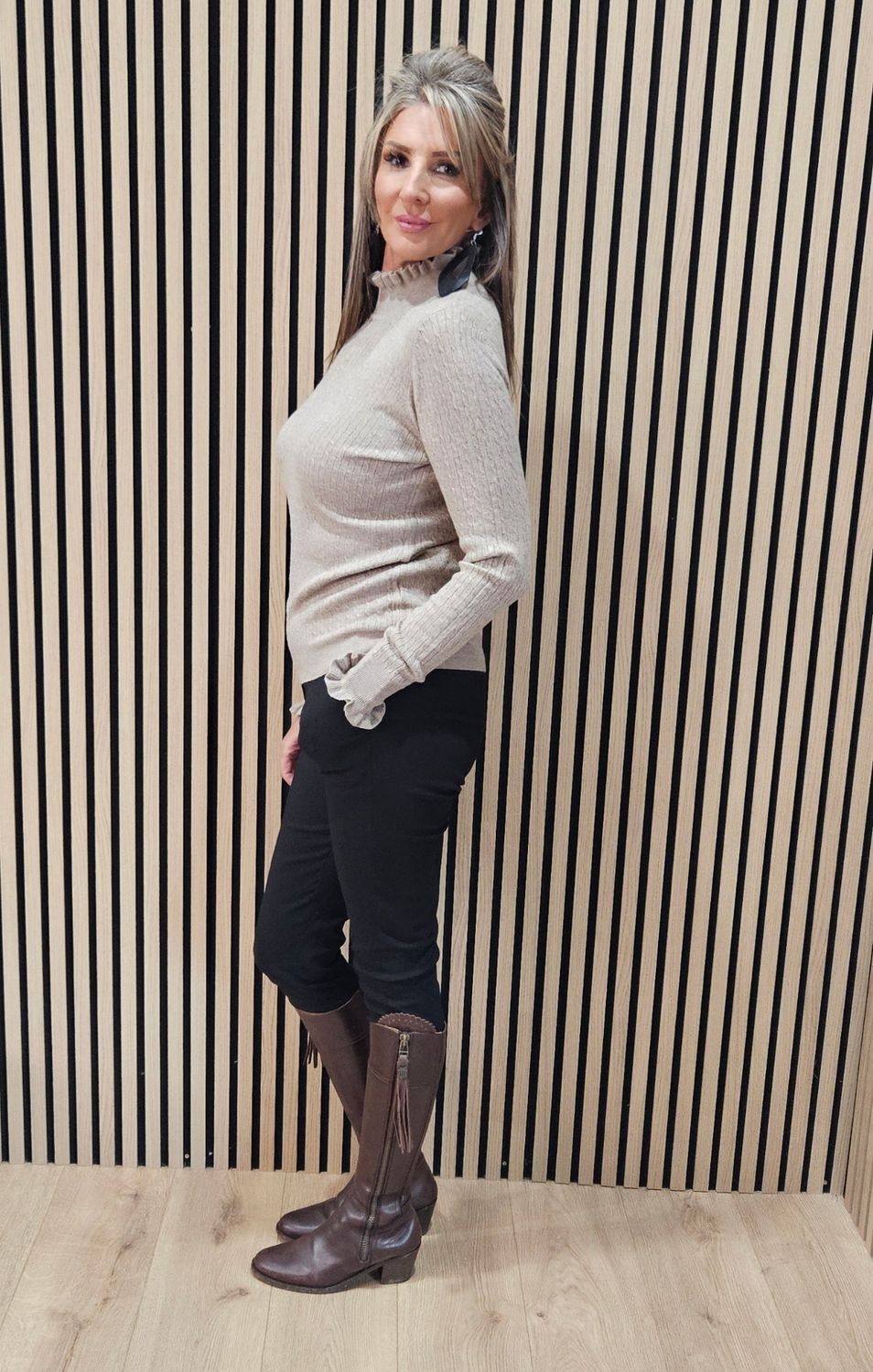 Frill Neck Ribbed Jumper - Oatmeal