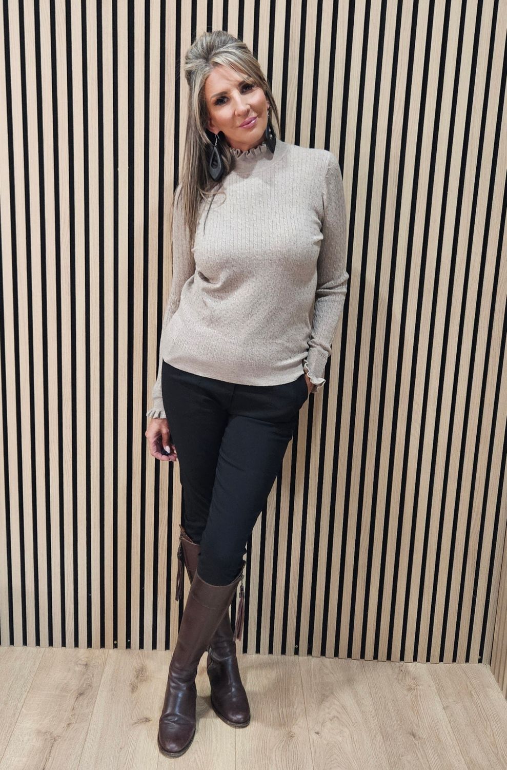 Frill Neck Ribbed Jumper - Oatmeal
