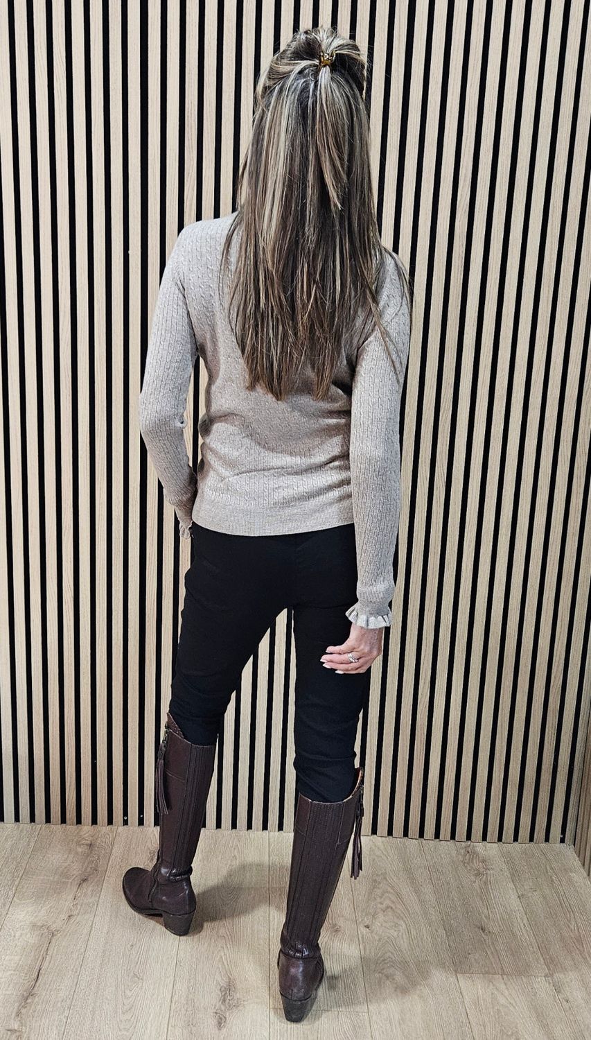 Frill Neck Ribbed Jumper - Oatmeal