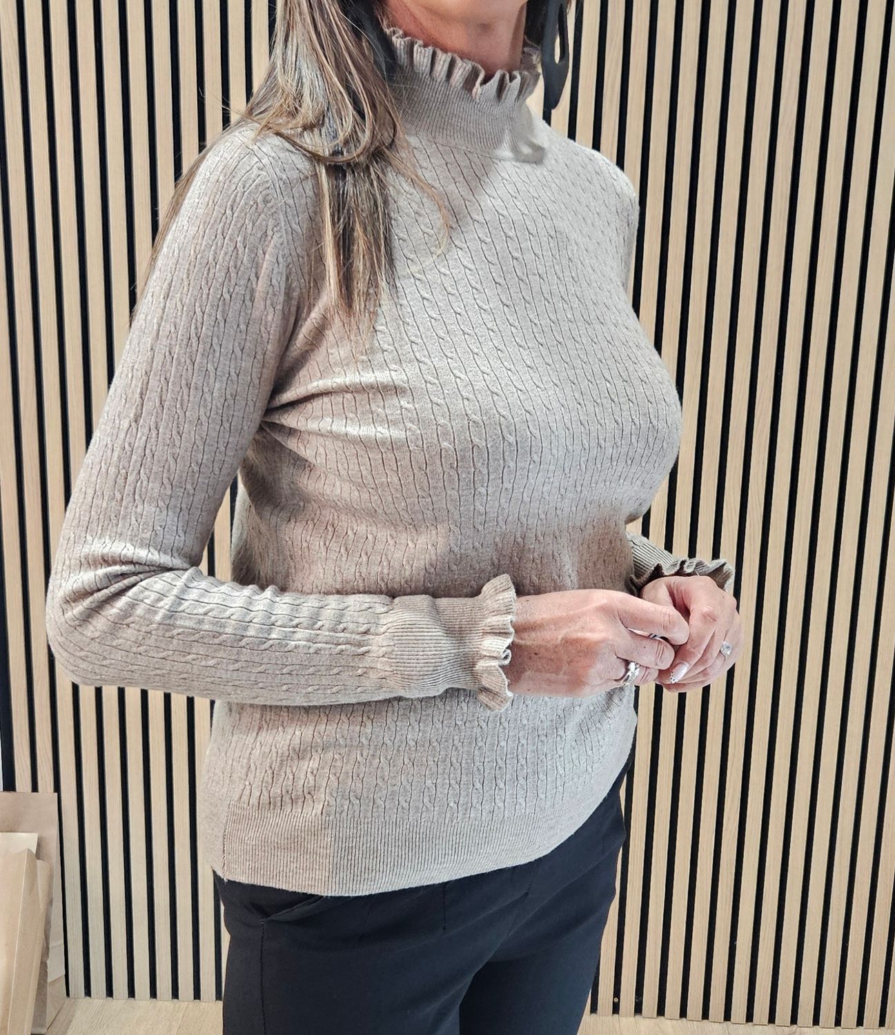 Frill Neck Ribbed Jumper - Oatmeal
