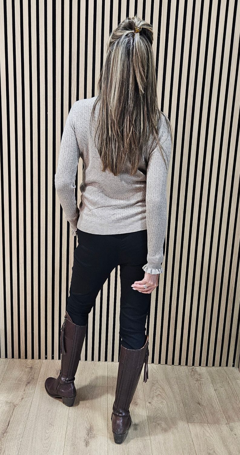 Frill Neck Ribbed Jumper - Oatmeal