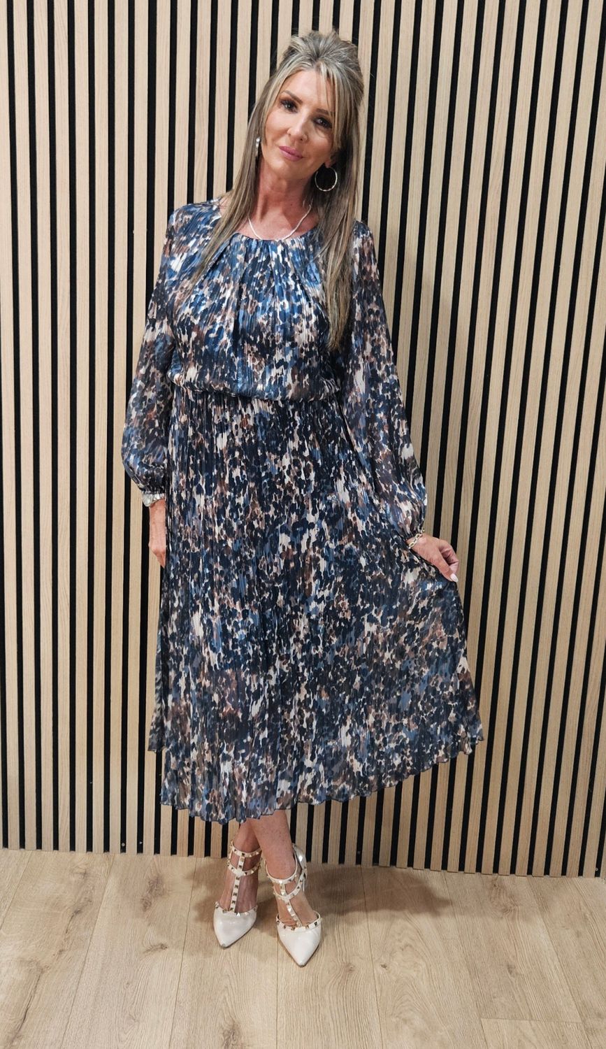 Pleated Animal Print Midi Dress - Turquoise