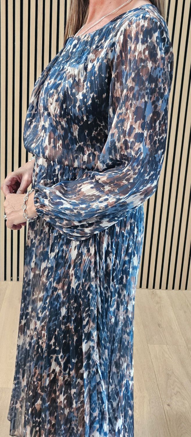 Pleated Animal Print Midi Dress - Turquoise