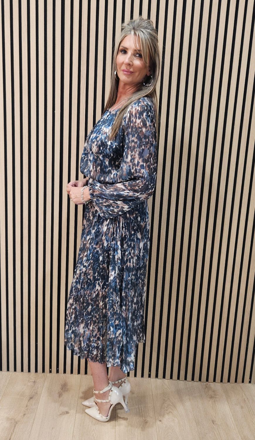 Pleated Animal Print Midi Dress - Turquoise