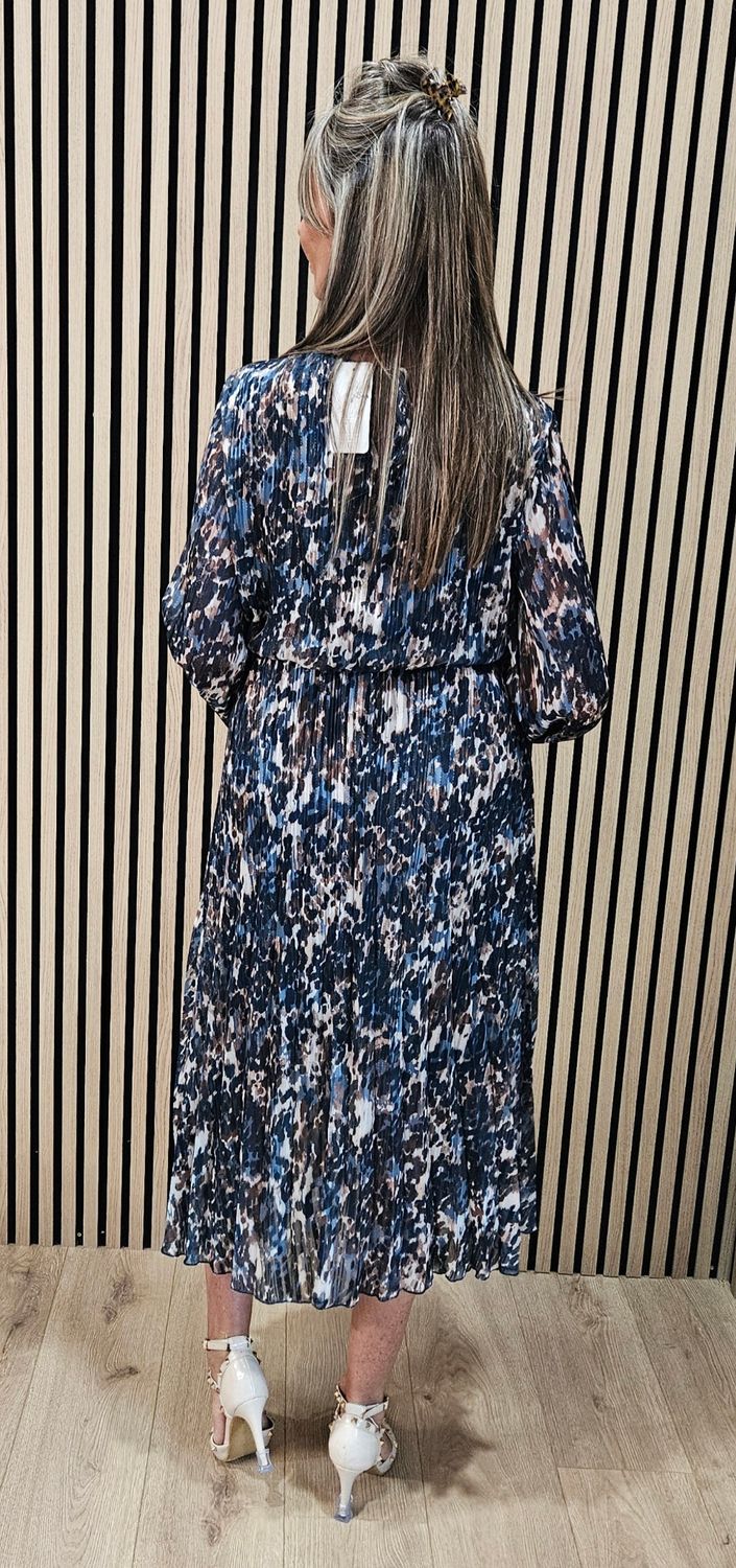Pleated Animal Print Midi Dress - Turquoise