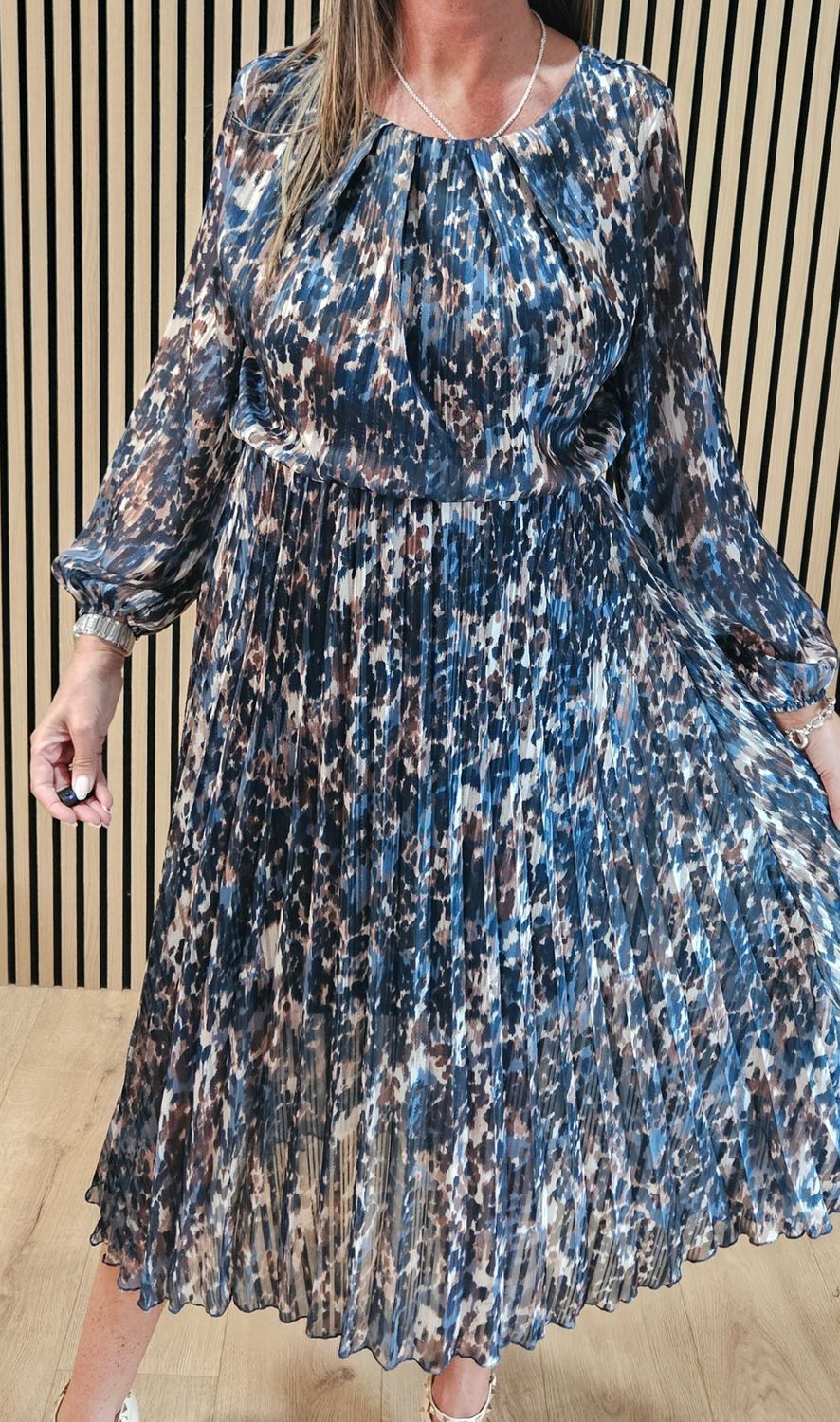 Pleated Animal Print Midi Dress - Turquoise
