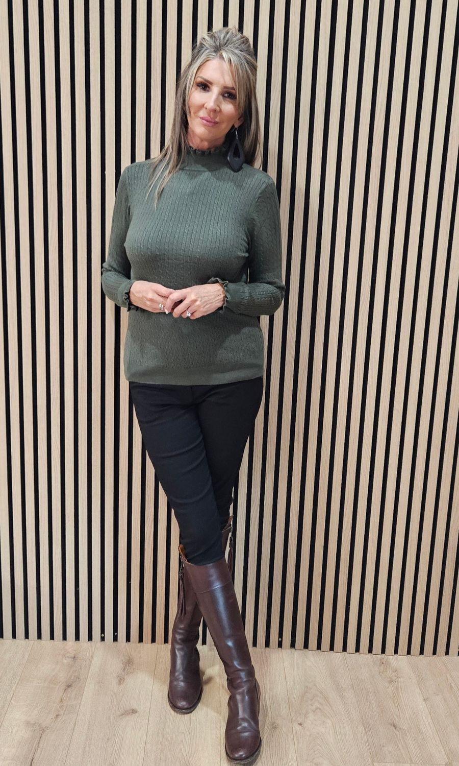 Frill Neck Ribbed Jumper - Khaki