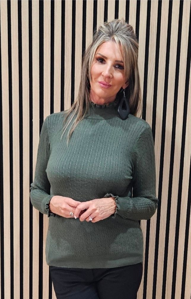 Frill Neck Ribbed Jumper - Khaki